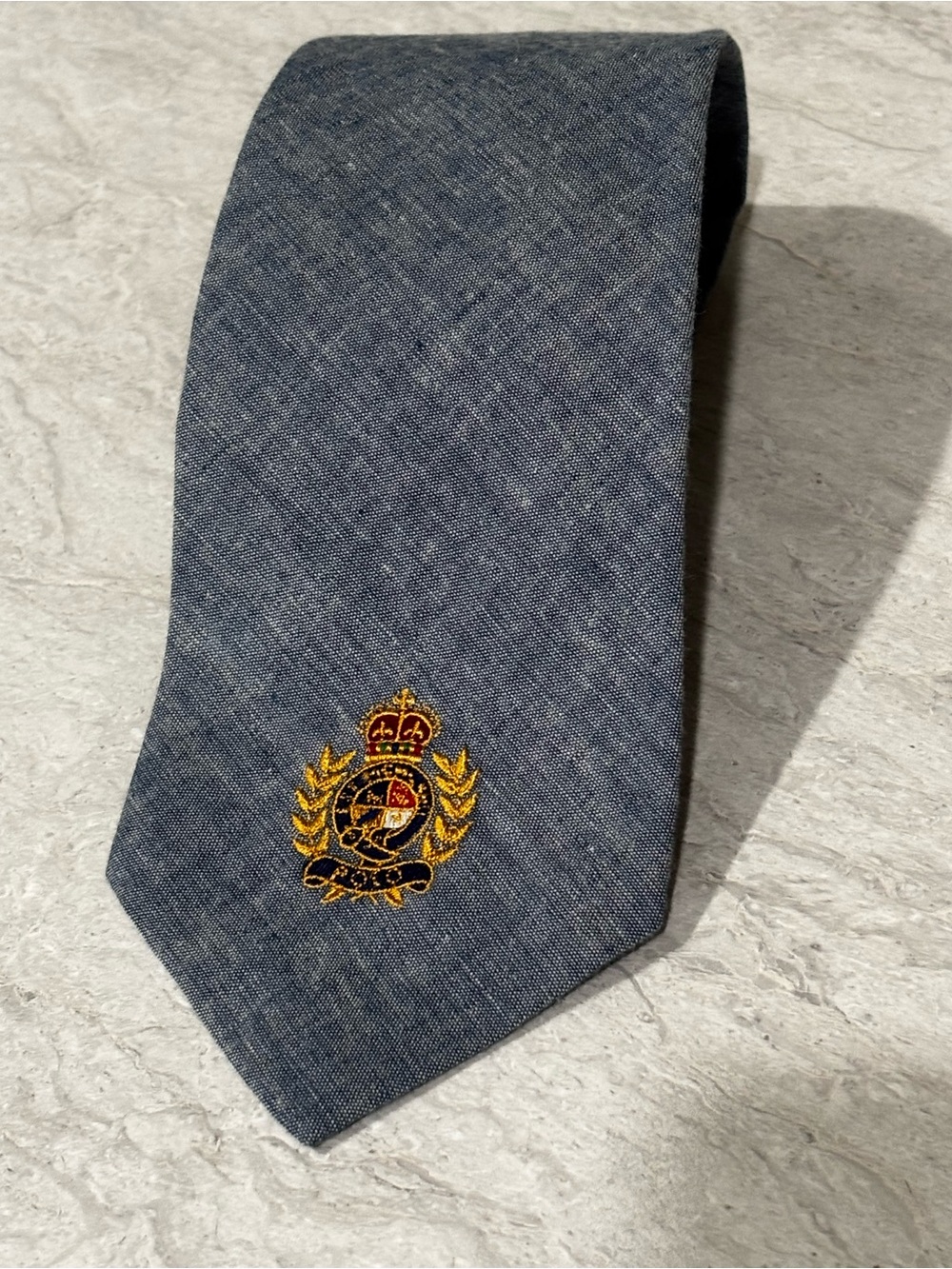 Vintage 90sPolo by Ralph Lauren Denim-Style Blue Tie w/Gold Embroidered Crest